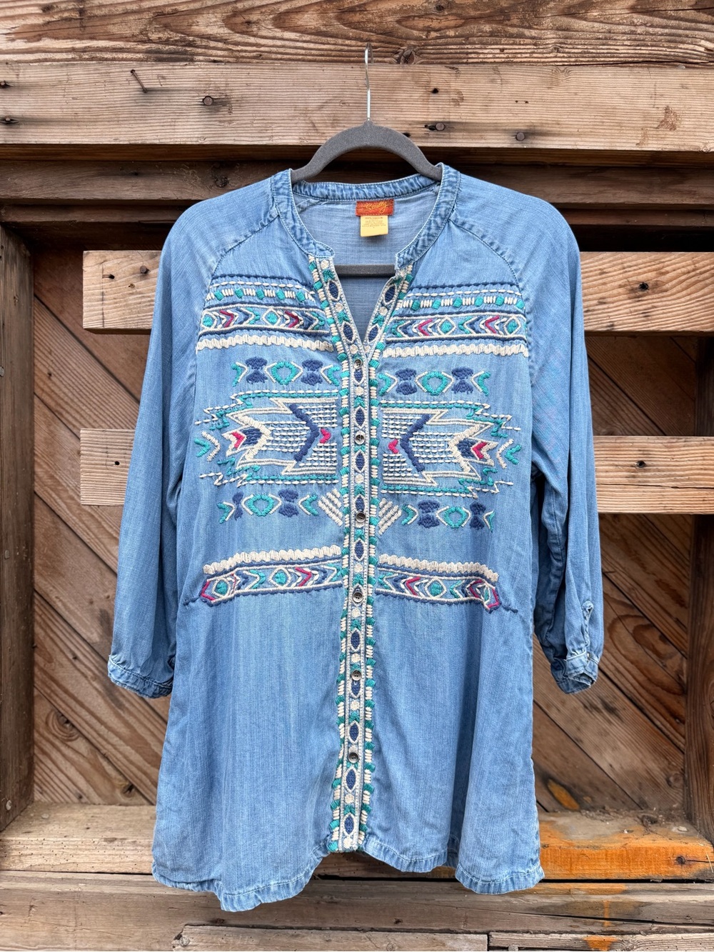 Scully Light Blue Denim Shirt with Red Label and Yellow Tag